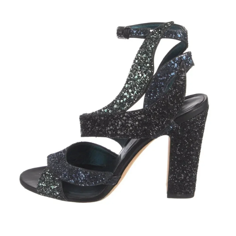 Jimmy Choo Falcon 100 Coarse Glitter Block Heel Sandals Sz 9 Black Party Evening